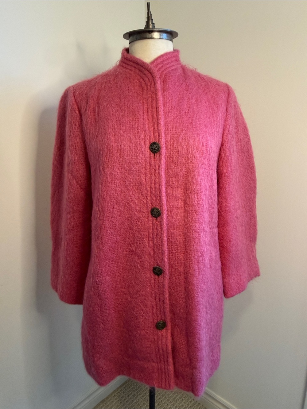 🇨🇦Vintage AUCKIE SANFT Montreal Pink Wool Coat Brushed Mohair Mandarin Collar